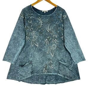 Jess & Jane Mineral Wash Tunic Top Blue Floral Scroll Print XL 100% Cotton USA